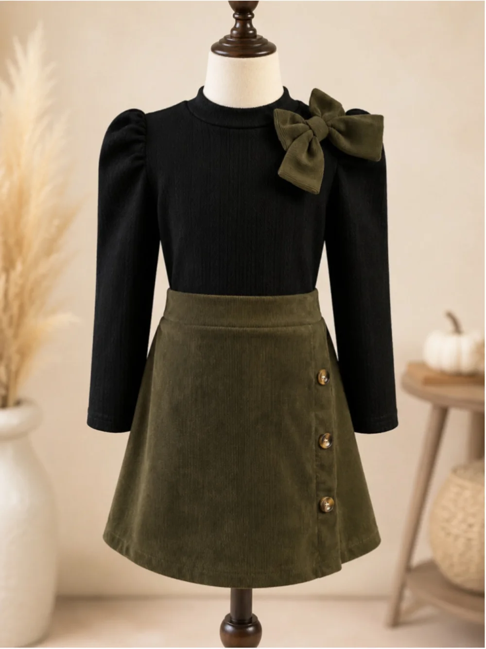 Girl’s Ribbed Knit Bow Sweater & Corduroy Skirt 2-Piece Set – Size 5